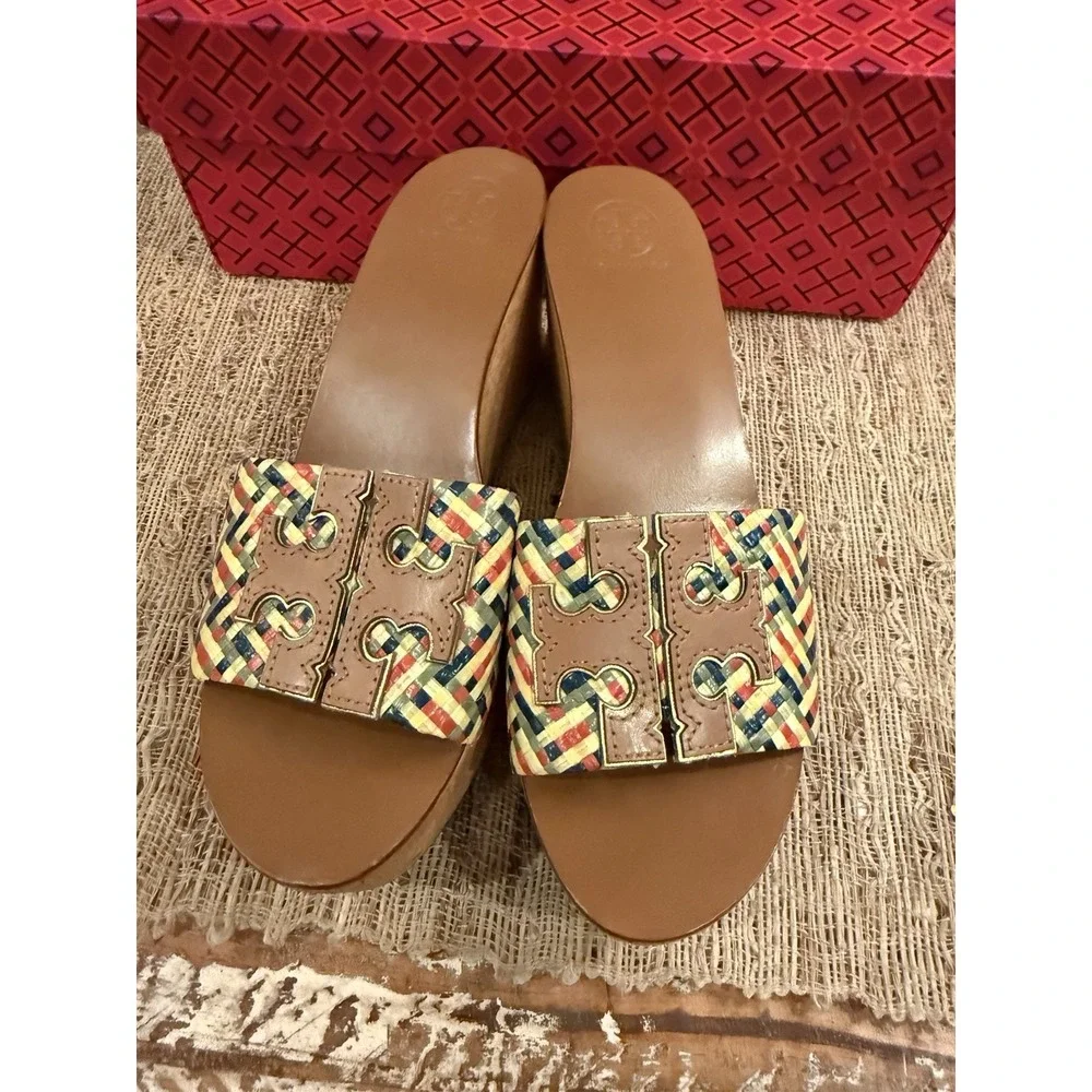 Tory Burch Ines Woven Multicolor Raffia Wedge Platform‎ Slide Sandals Sz-8
